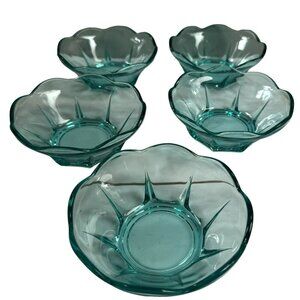 Anchor Hocking Swedish Modern Aquamarine Small Desert Bowls Vtg Set of 5 Retro